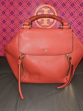 Tory Burch Coral-Red Leather Top-Handle Satchel